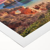 Rolled canvas artwork showcasing a serene seascape design with soft blues and greens, ideal for coastal-themed decor, elegantly packaged in a protective tube.