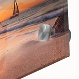 Close-up of a vibrant acrylic glass wall art piece showcasing a serene seascape design, featuring rich blues and greens, perfect for modern home decor.