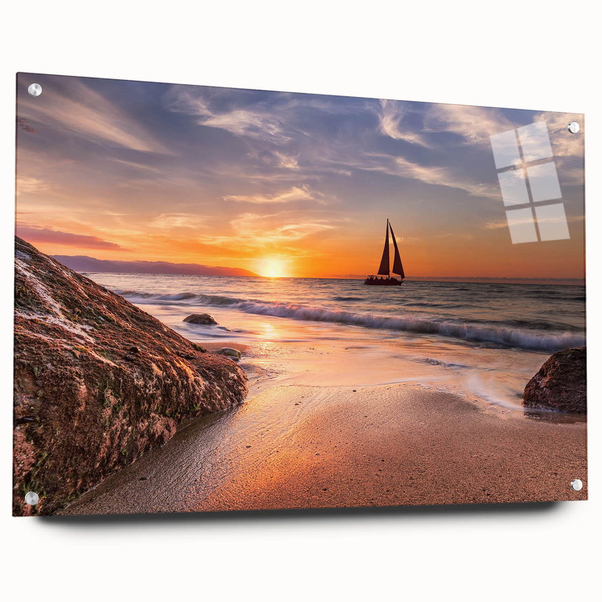Acrylic wall art collection showcasing a vibrant seascape design with rich blues and greens, elegantly displayed with pins on a white background, perfect for coastal decor.
