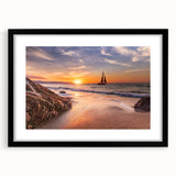 Framed wall art featuring a vibrant seascape design in a black frame with a mat, ideal for enhancing home decor with coastal themes and serene colors.