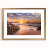 Gold-framed wall art featuring a serene seascape design, showcasing soft blue and turquoise hues with white waves, ideal for coastal home decor.