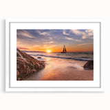 Framed wall art piece showcasing a serene seascape design with a white mat, perfect for coastal home decor, enhancing any living space with tranquility.