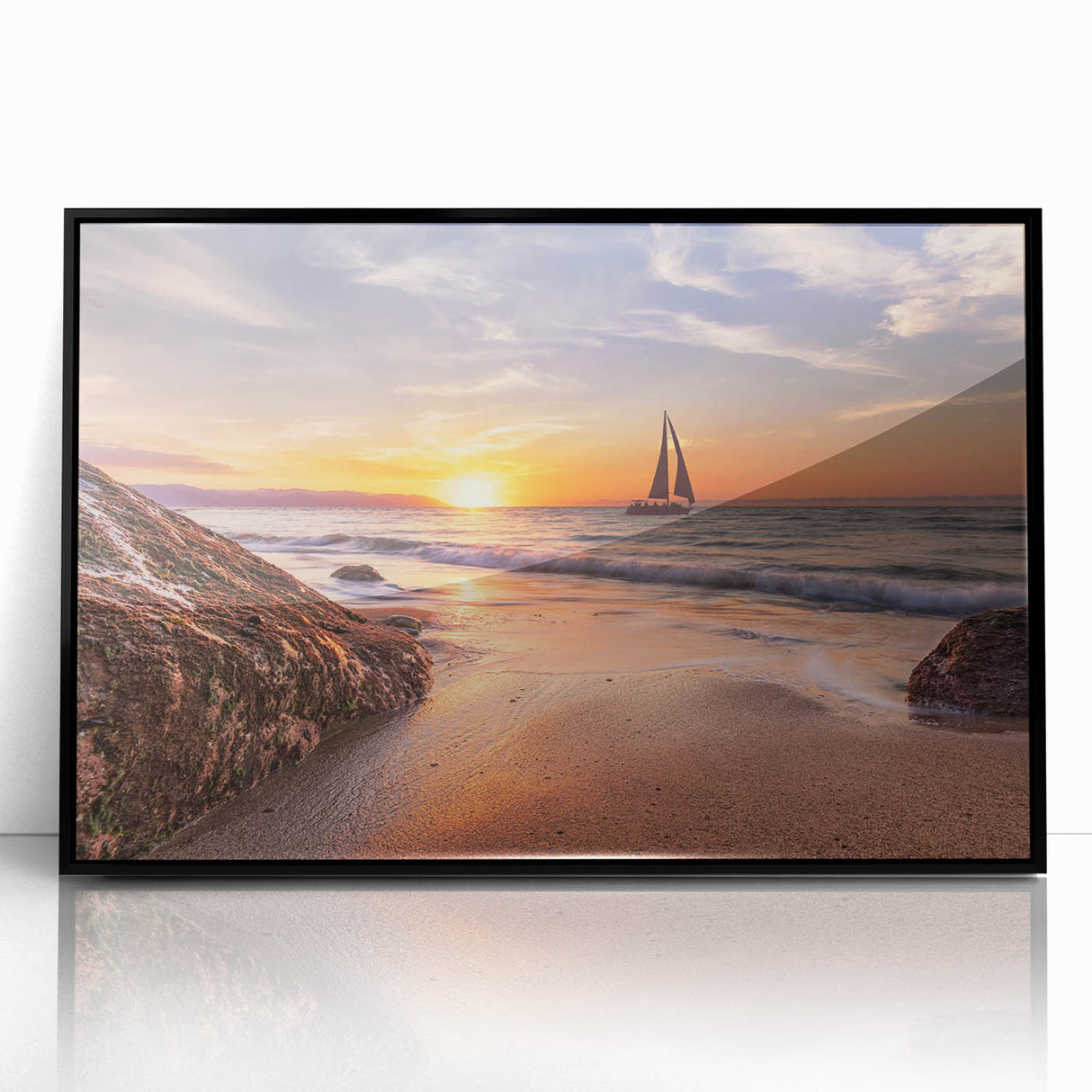 Framed acrylic wall art featuring a serene seascape design with soft blue and white hues, elegantly displayed against a sleek black frame, perfect for coastal home decor.