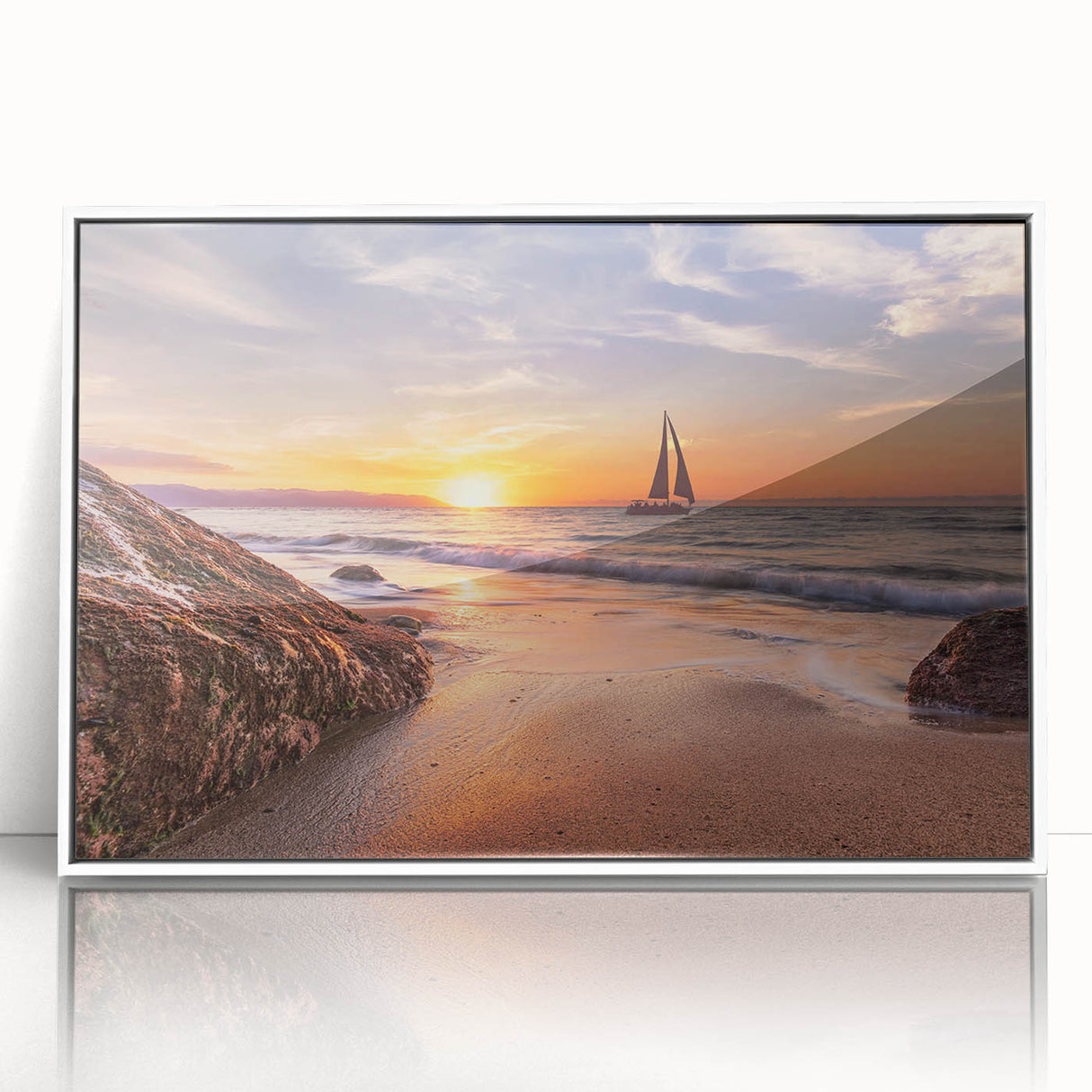 Framed acrylic wall art showcasing a serene seascape design with vibrant blues and whites, ideal for coastal-themed home decor. Perfect addition to any modern living space.