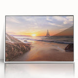 Framed acrylic wall art showcasing a serene seascape design with vibrant blues and whites, ideal for coastal-themed home decor. Perfect addition to any modern living space.