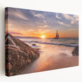 Stretched canvas wall art featuring a serene seascape design with vibrant blues and soft whites, showcasing waves and clouds for a tranquil coastal ambiance.