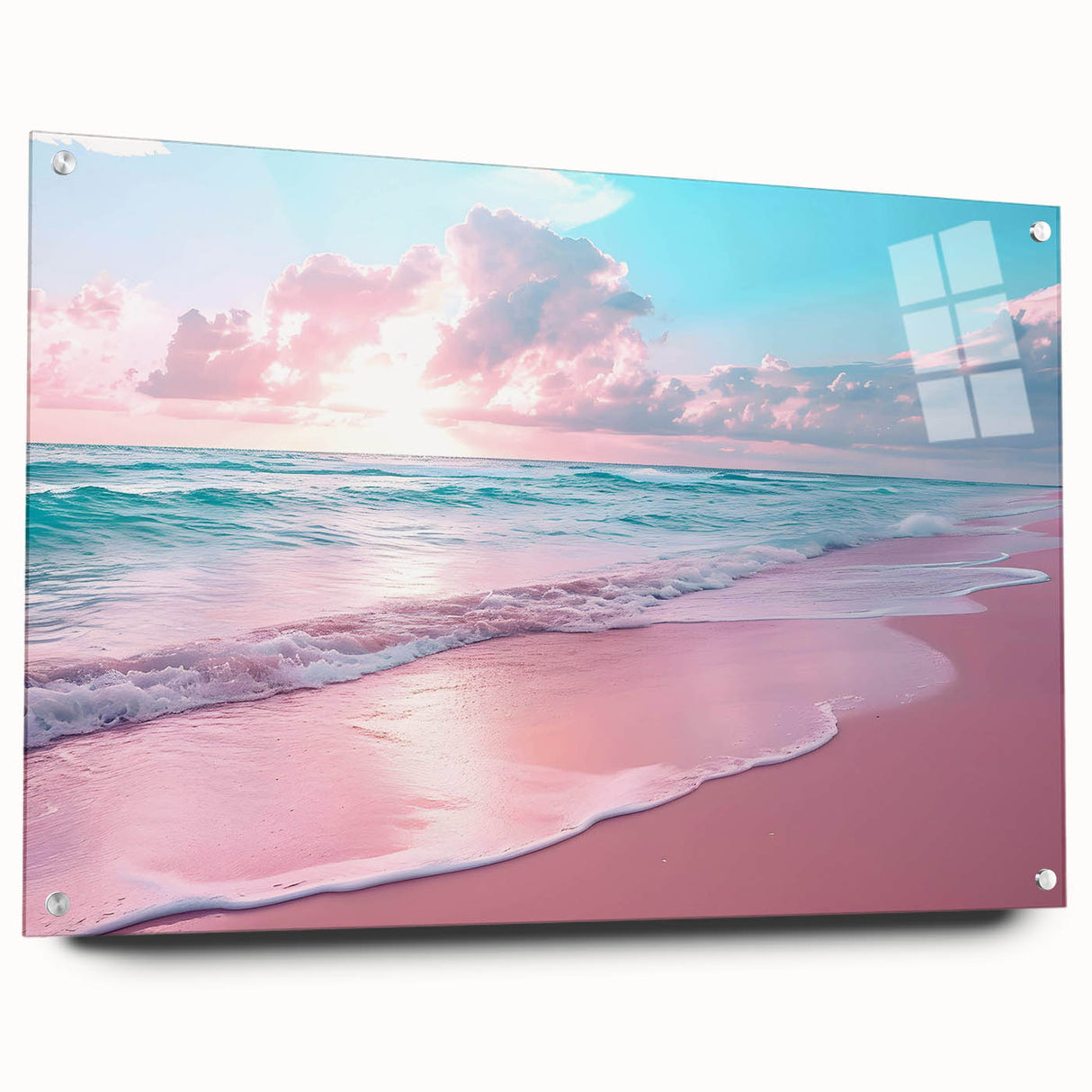 Wall art collection featuring a side view of a vibrant seascape design, printed on acrylic glass with decorative pins, showcasing colorful ocean waves and a serene horizon. Perfect for adding a coastal touch to modern interiors.