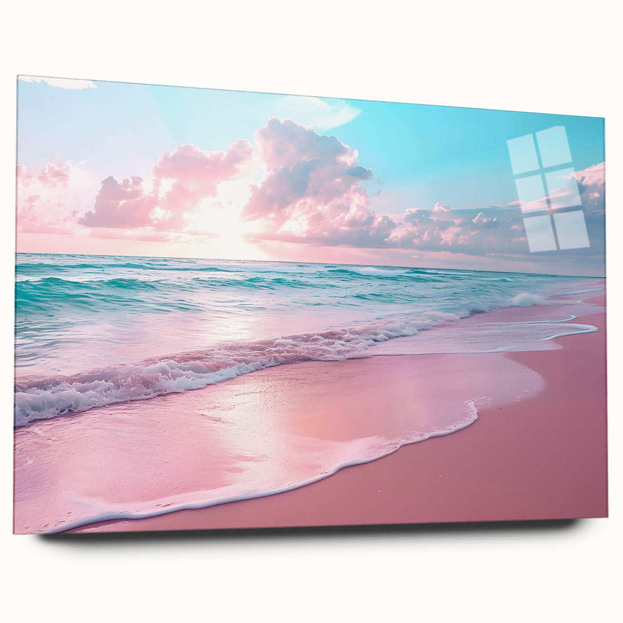 Acrylic glass wall art collection showcasing vibrant landscapes and seascapes, displayed in a sleek side view without pins, ideal for modern decor.