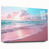 Acrylic glass wall art collection showcasing vibrant landscapes and seascapes, displayed in a sleek side view without pins, ideal for modern decor.