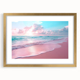 Framed wall art collection featuring a vibrant seascape design with gold accents, showcasing tranquil ocean waves and a sunset, ideal for home decor.