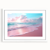 White-framed wall art featuring a serene seascape design with soft blue and white tones, showcasing waves and a tranquil sky, perfect for coastal decor.