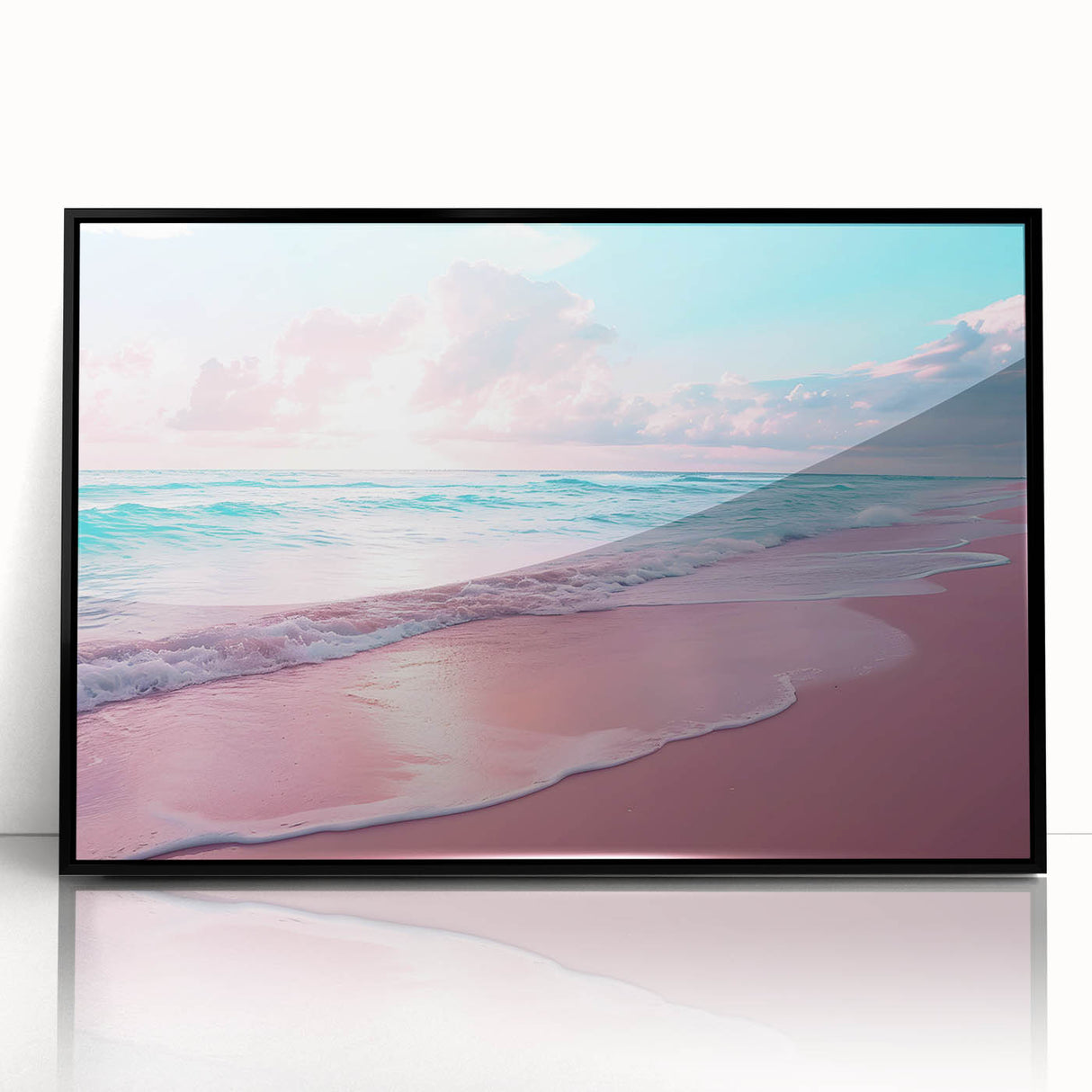 Framed acrylic wall art displaying a vibrant seascape design, featuring deep blue ocean waves and a calming sunset, perfect for coastal-themed decor.