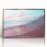 Framed acrylic wall art featuring a coastal landscape with vibrant colors and gold accents, showcasing waves crashing against rocky shores, ideal for modern home decor.