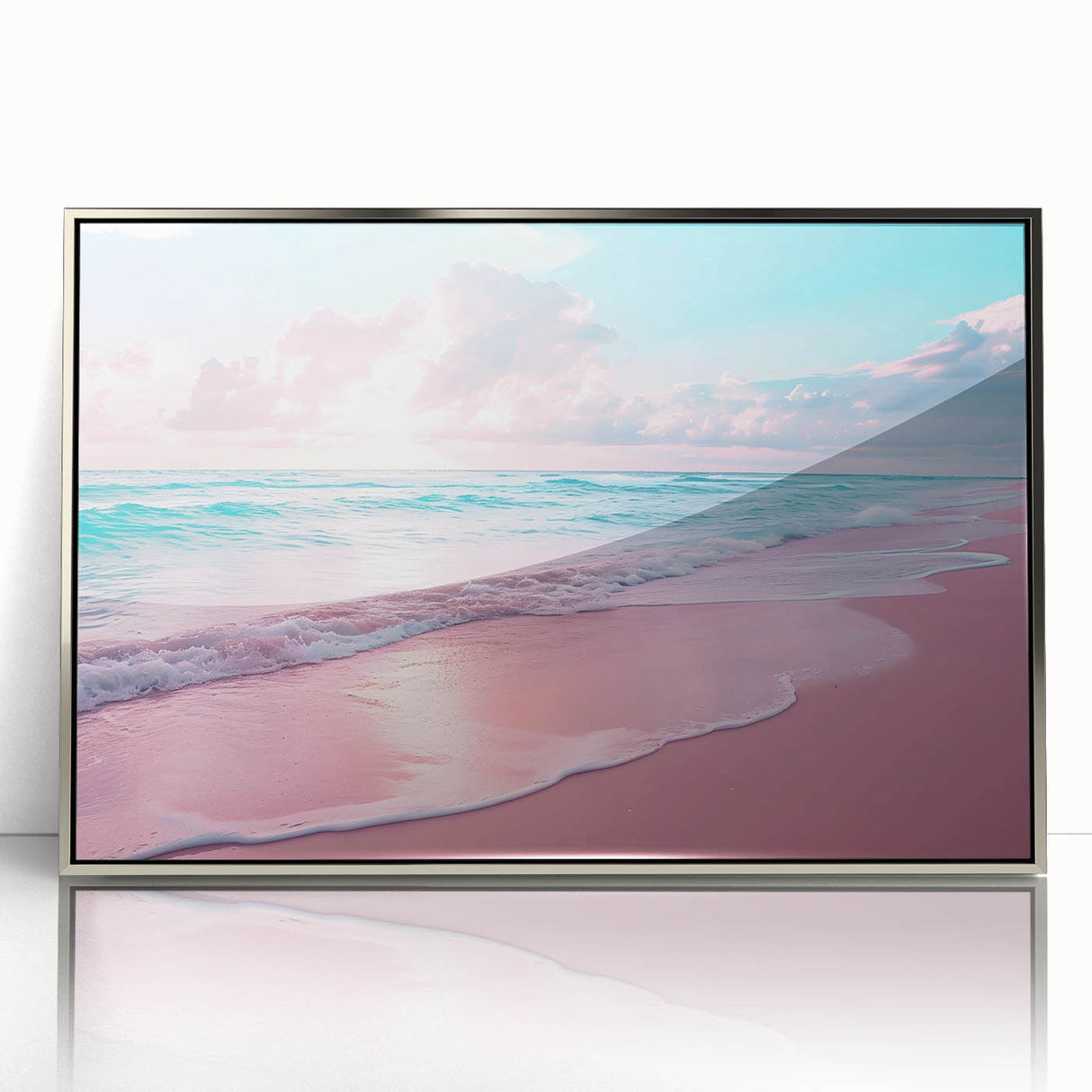 Framed wall art from the Landscapes Seascapes collection featuring a serene ocean view with rich blues and soft whites, elegantly displayed in a sleek silver frame. Perfect for enhancing coastal-themed home decor.