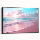 Framed canvas wall art showcasing a coastal landscape design with vibrant colors and a black frame, perfect for enhancing modern home decor. The side view highlights its sleek profile and artistic detail.