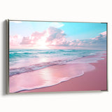 Framed canvas wall art showcasing a serene seascape design with a silver frame, ideal for coastal-themed decor. The artwork features calming blue and green hues, enhancing any living space.