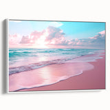 Framed canvas wall art showcasing a serene seascape design with calming blue and white tones, elegantly displayed from a side view, perfect for coastal decor.