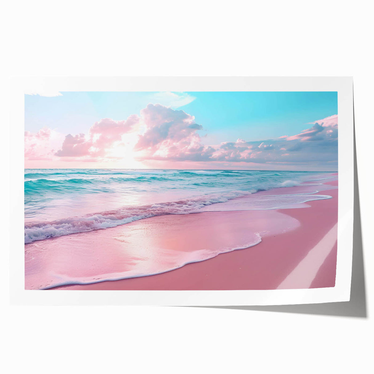 Rolled print of a serene seascape, showcasing vibrant blues and greens with gentle waves and a clear sky, designed to enhance coastal decor. Ideal for beach-themed interiors.