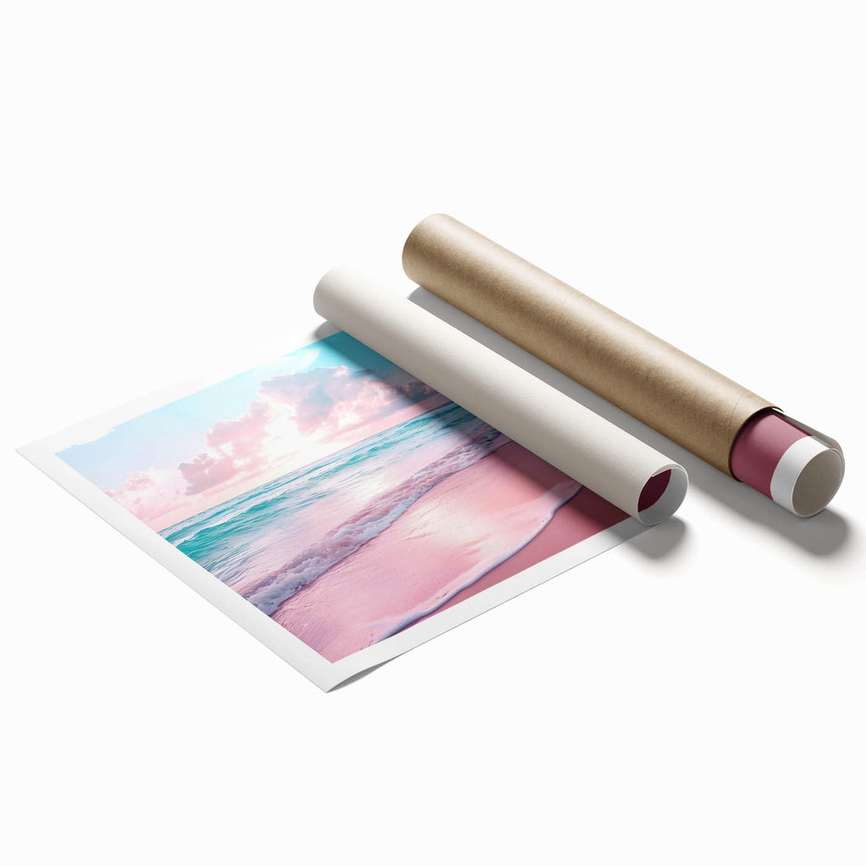 Rolled print featuring a serene seascape design with soft blue and green hues, showcasing gentle waves and a clear sky, ideal for coastal-themed decor. Perfect for enhancing a tranquil living space with its calming aesthetic.
