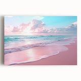 Stretched canvas artwork showcasing a vibrant seascape design, featuring dynamic waves and a colorful sunset, ideal for home decor and coastal themes.