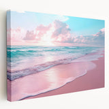 Stretched canvas wall art showcasing a serene seascape design, featuring soft blue and green hues, perfect for enhancing coastal-themed interiors.