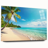 Acrylic glass wall art featuring a serene seascape design, highlighting vibrant blues and greens, elegantly displayed from a side view without visible pins, perfect for home decor.