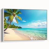 Framed canvas wall art showcasing a serene seascape design with soft blue and white hues, displayed in a stylish white frame, perfect for coastal decor.