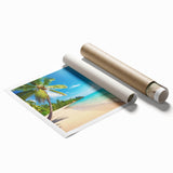 Rolled print showcasing a serene seascape design with calming blues and greens, ideal for home decor, elegantly packaged in a protective tube.