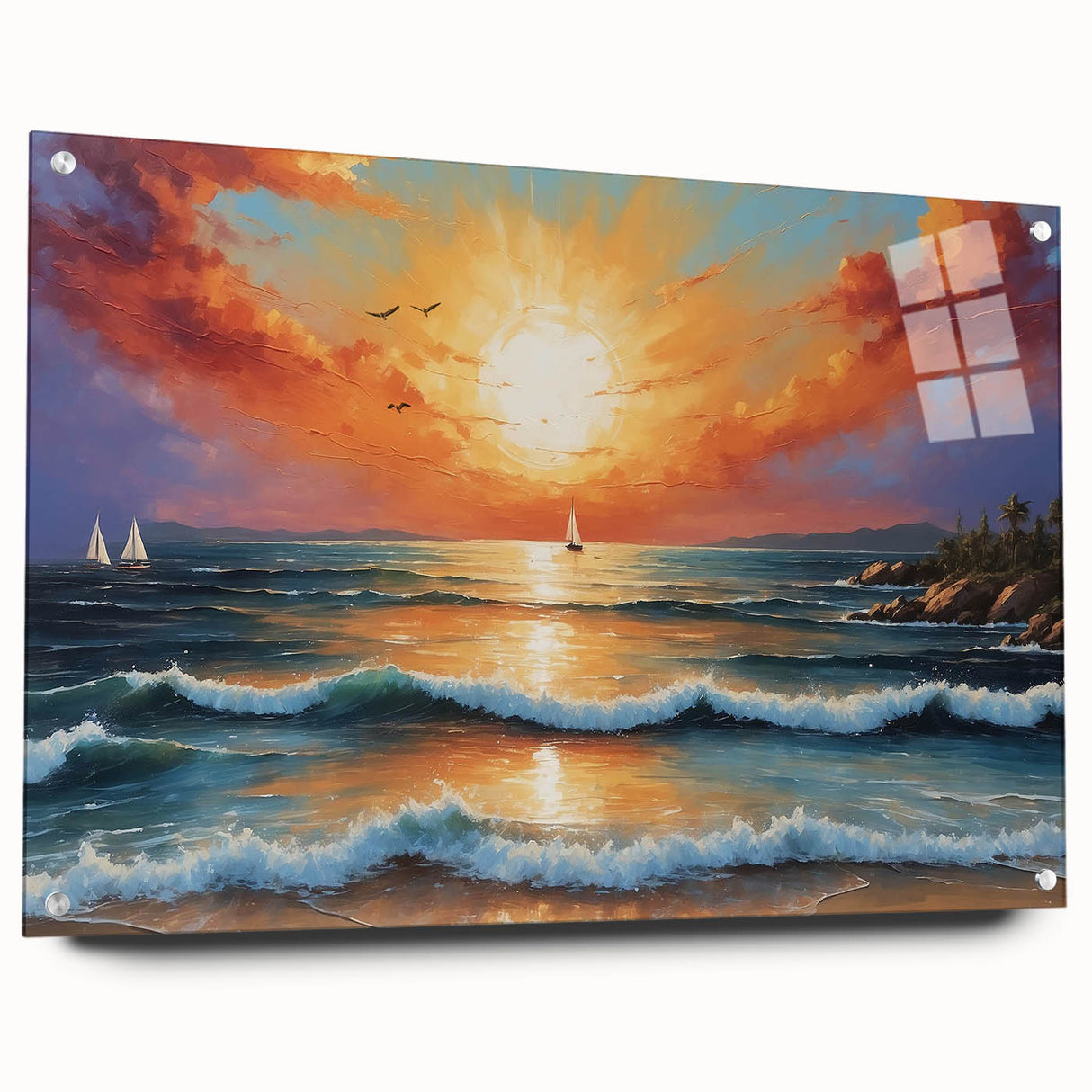 Acrylic glass wall art featuring a vibrant seascape design, showcasing dynamic waves and serene colors. Perfect for coastal-themed decor, offering a modern touch to any interior.