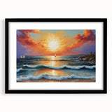 Framed black wall art featuring a serene seascape design with a mat, showcasing calming blue hues and intricate details, perfect for modern home decor.