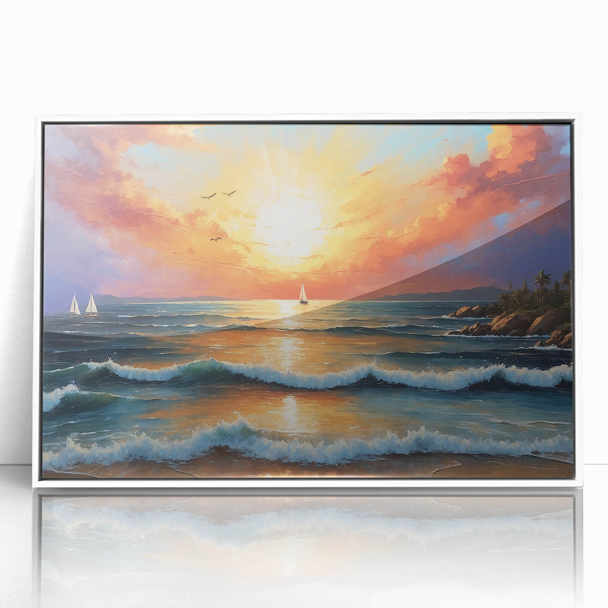 Framed acrylic wall art featuring a vibrant seascape design, showcasing soothing blue ocean waves and a serene sky, perfect for coastal-themed home decor.