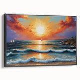 Framed canvas wall art featuring a serene seascape design with vibrant blues and greens, showcasing a black frame from a side view, ideal for home decor.