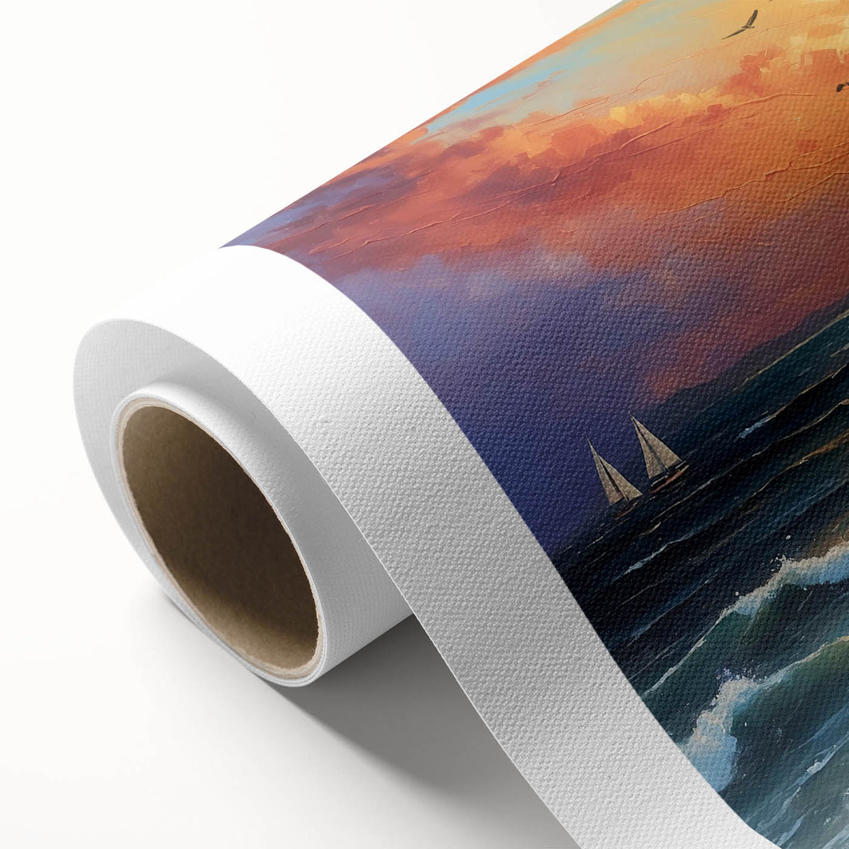 Vibrant rolled canvas artwork showcasing a serene seascape design, featuring calming blues and greens, perfect for enhancing home decor aesthetics.