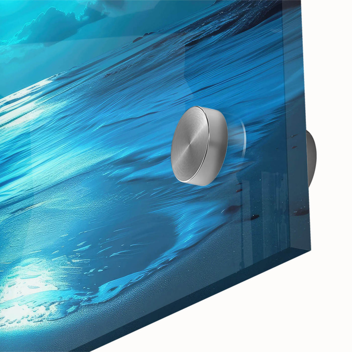 Close-up of a vibrant acrylic glass wall art piece showcasing a stunning seascape design with rich blues and greens, perfect for modern home decor.