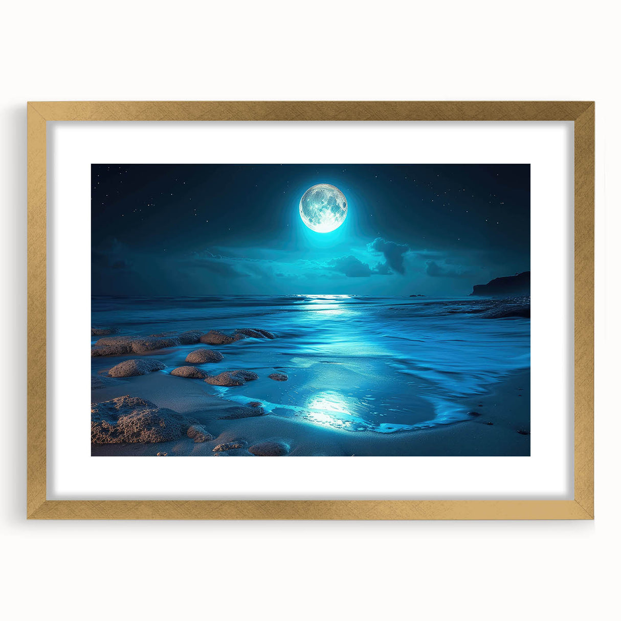 Elegant gold-framed wall art featuring serene seascape landscape design, complete with matting for a sophisticated finish, perfect for home decor.
