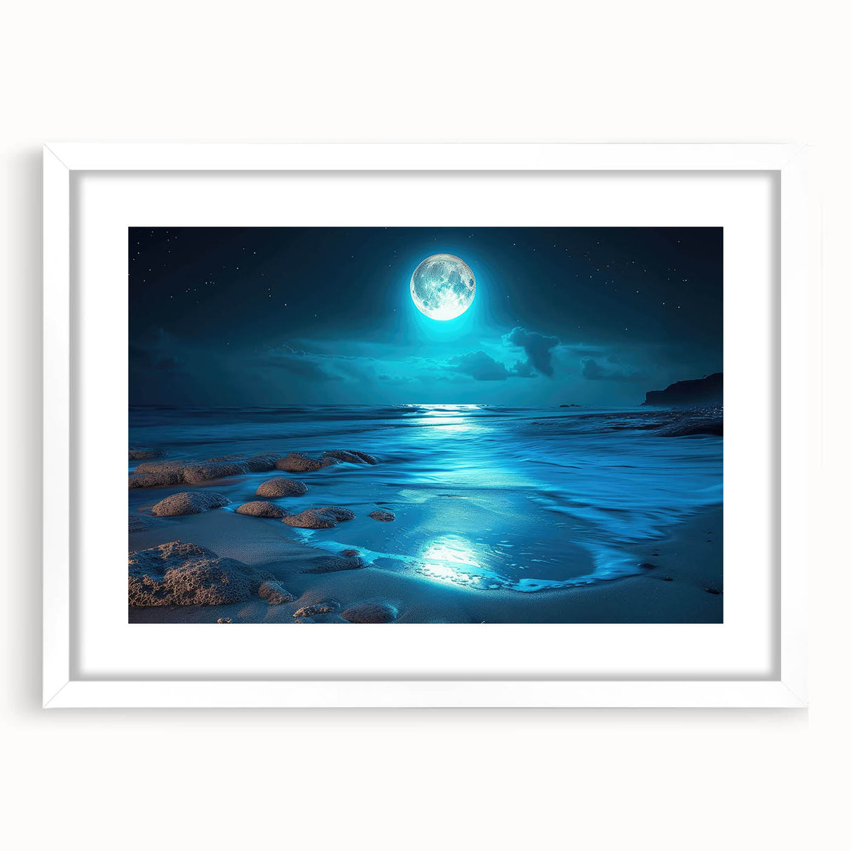 Framed landscape wall art featuring a serene seascape design with a white mat, ideal for home decor. The artwork showcases vibrant colors and intricate details, enhancing any living space's aesthetic appeal.