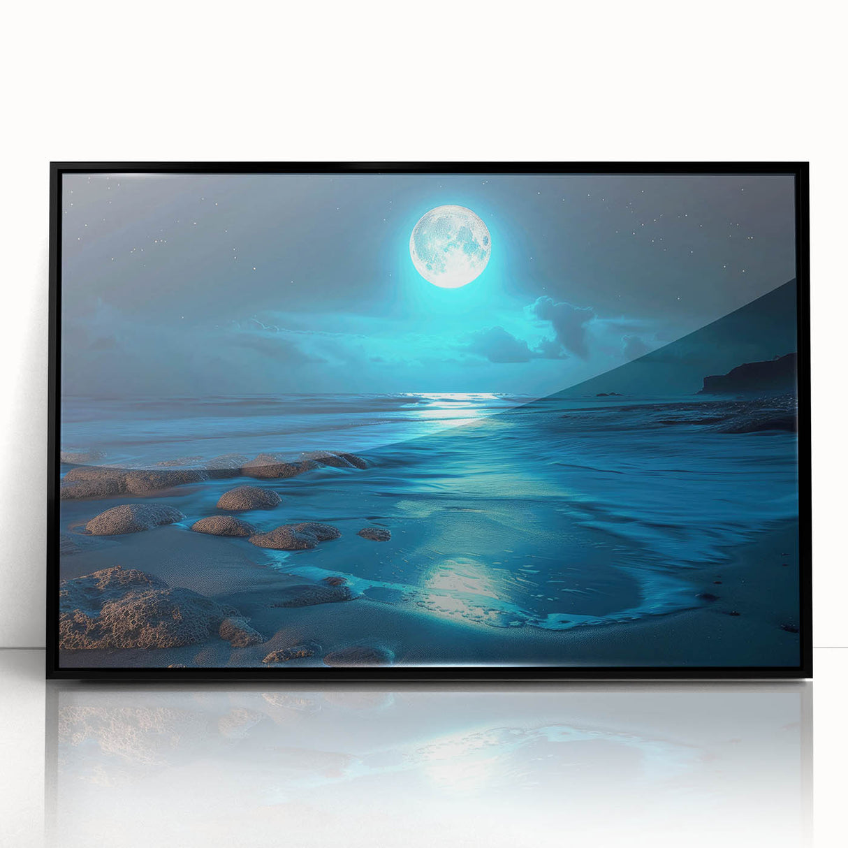 Framed black acrylic wall art showcasing a serene seascape design from the Landscapes-Seascapes collection, perfect for modern home decor. The piece features vibrant colors and intricate details, ideal for enhancing living spaces.