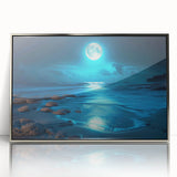 Framed acrylic wall art from the Landscapes & Seascapes collection showcases a serene coastal scene with vibrant blues and soft whites, perfect for enhancing modern home decor.