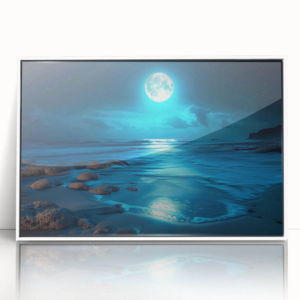 Framed acrylic wall art collection showcasing vibrant seascape design with a white frame, ideal for enhancing modern home decor.