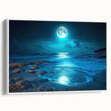 Framed canvas wall art showcasing a serene seascape design with calming blue and white hues, elegantly displayed in a modern white frame, perfect for home decor.
