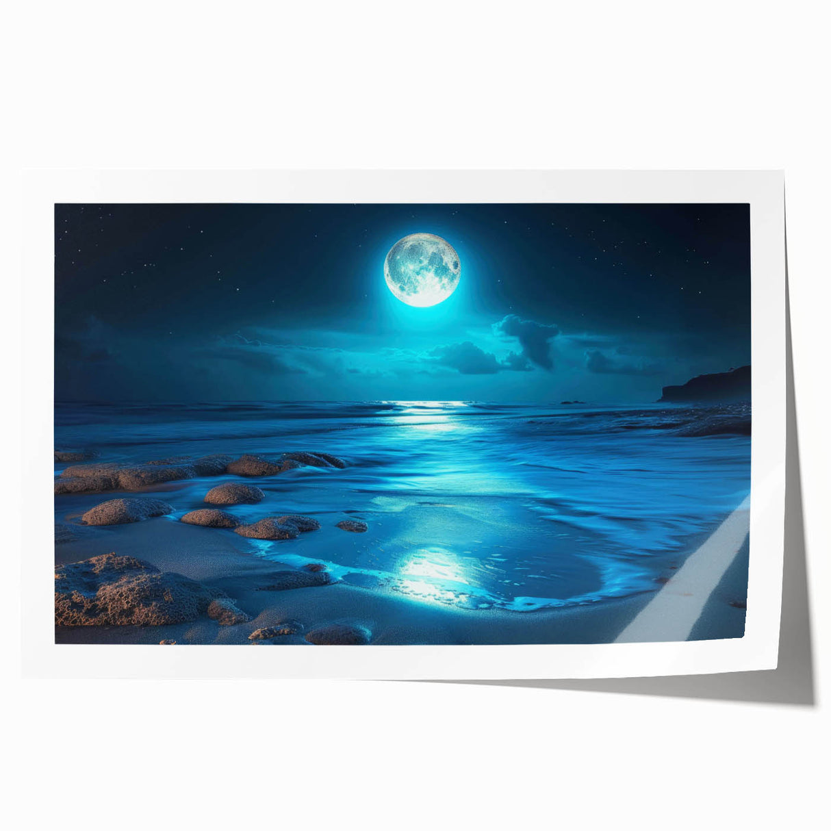 Stunning seascape wall art print showcasing a tranquil ocean view with soft waves and a pastel sky, rolled for easy framing and display, ideal for coastal decor.