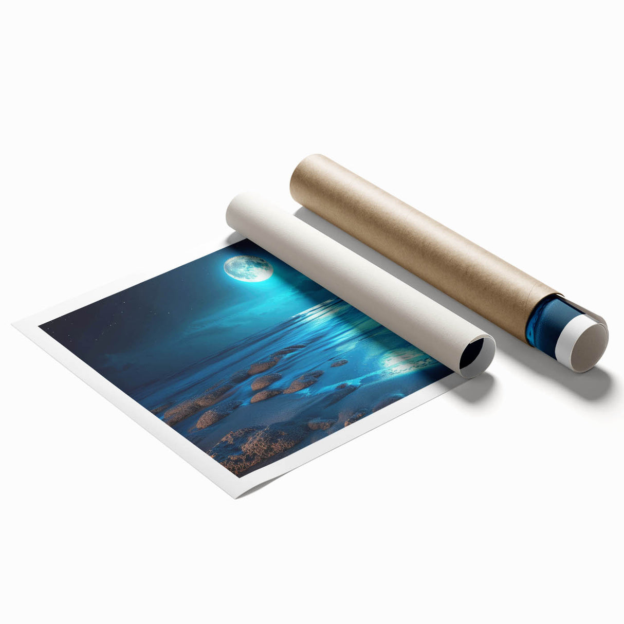 Serene coastal landscape wall art print showcasing a vibrant sunset over calm waves, rolled and securely packaged in a protective cardboard tube for easy display.