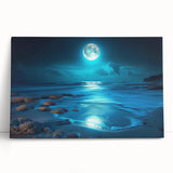 Stretched canvas wall art showcasing a vibrant seascape design with rich blues and greens, leaning against a neutral wall, perfect for coastal decor enthusiasts.