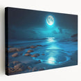 Stretched canvas showcasing a vibrant seascape design with rich blue and green hues, ideal for coastal home decor, displayed in a side view to highlight its depth and texture.