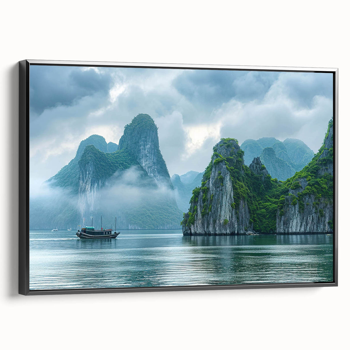 Framed canvas wall art collection showcasing a serene seascape design, featuring calming blue and green hues, displayed from a side view with a sleek black frame.