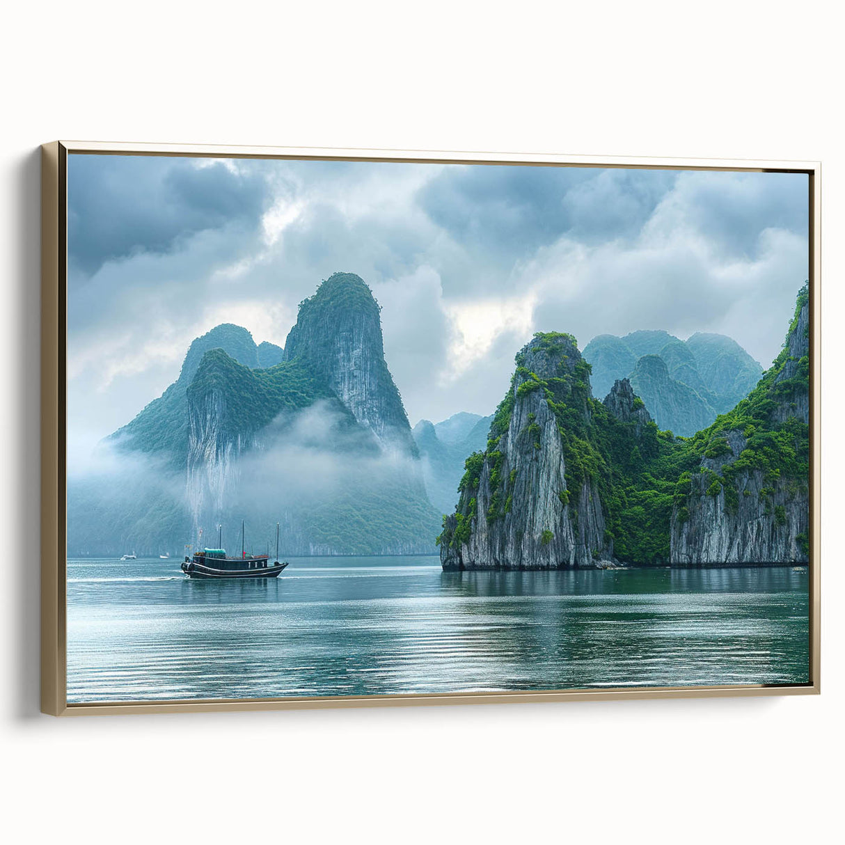 Framed canvas wall art depicting a serene seascape with golden hues, showcasing tranquil waves and a coastal sunset, perfect for enhancing home decor.