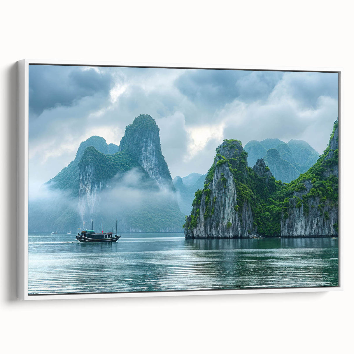 Framed canvas wall art showcasing a serene seascape design with vibrant blues and soft whites, displayed from a side view against a neutral background. Perfect for enhancing modern coastal decor.