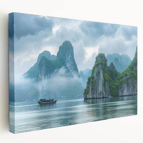 Stretched canvas artwork showcasing a vibrant seascape design with rich blues and greens, elegantly framed for wall display, ideal for coastal-themed interiors.