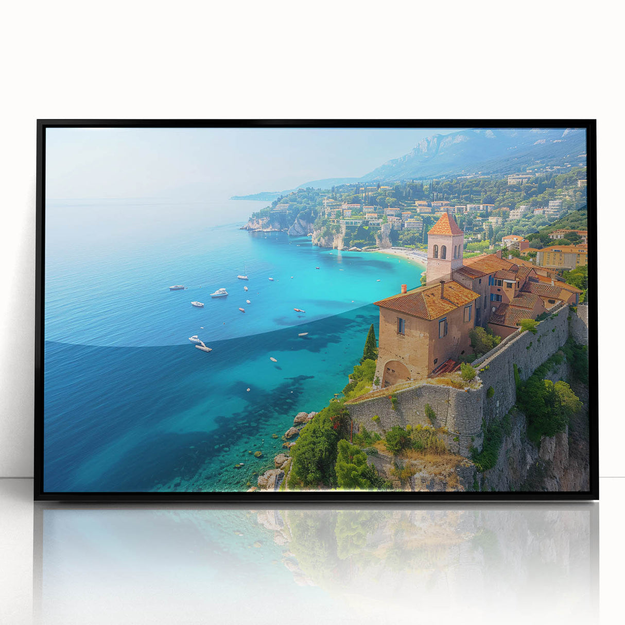 Framed black wall art showcasing a serene seascape design, featuring soft blue and white hues, ideal for coastal-themed decor. Perfect for enhancing home interiors.