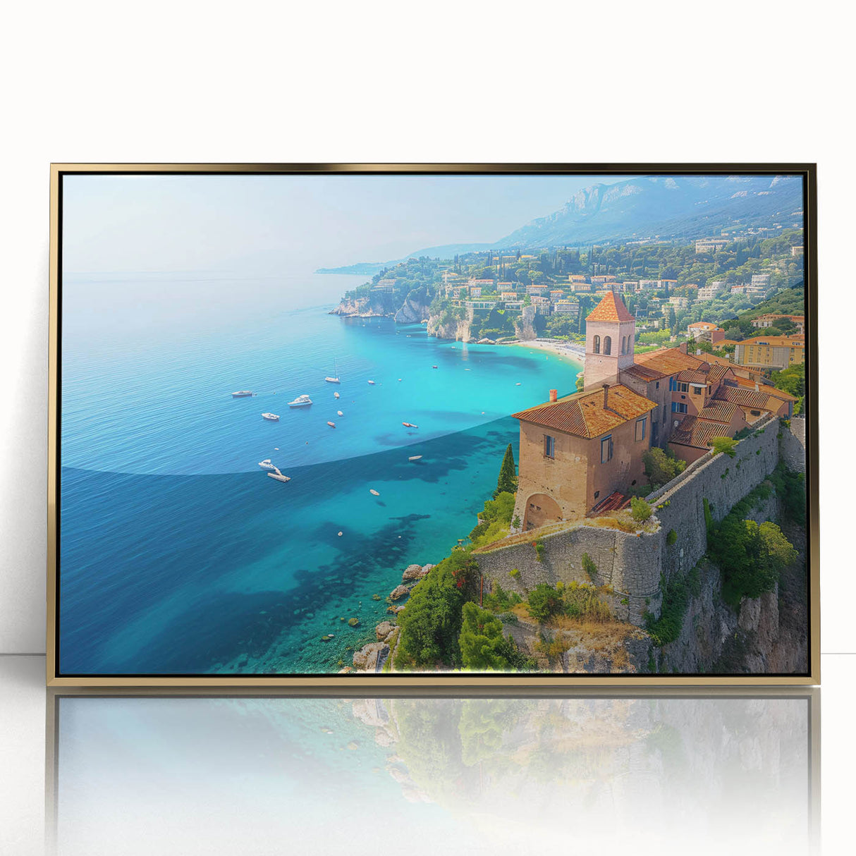 Framed acrylic wall art featuring a serene seascape design with golden accents, showcasing tranquil ocean waves and a vibrant sunset, perfect for home decor.